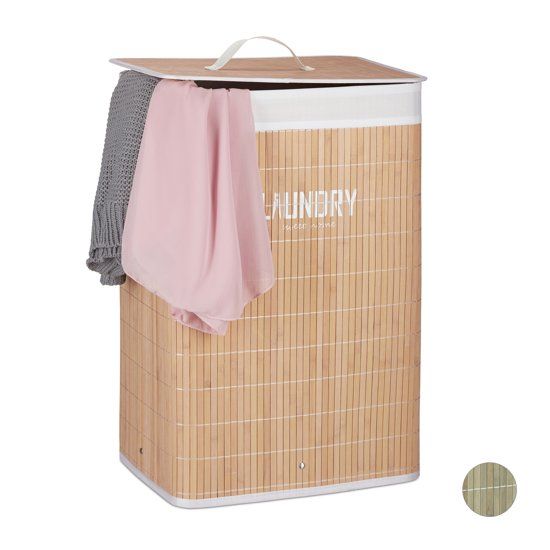 Relaxdays Wasmand bamboe opvouwbaar waszak met deksel was mand natuur