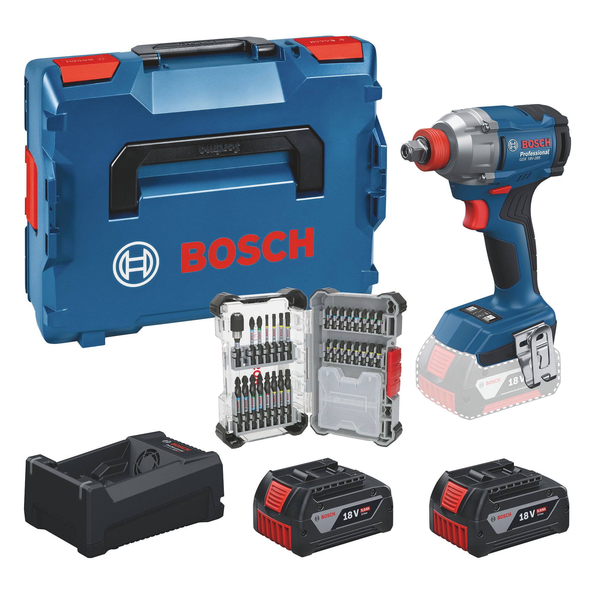 Bosch Blauw GDX18V-285 Accu slagschroevendraaier/slagmoeraanzetter (2x GBA18V5,0Ah, lader GAL12V/18V-80, 31-delige bitset) - 0615A500DY