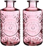 Ideas 4 Seasons Bloemenvaas/flesvaas Berlin - 2x - met motief - helder glas - lichtroze - D9 x H21 cm