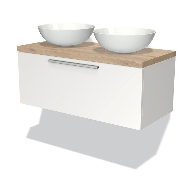 Maxaro Badkamermeubel voor Waskom 100cm Modulo Plato Mat Wit 1 Lade Vlak Lichtbruin Eiken Blad