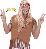 Merkloos Hippie Sixties verkleed accessoires set - ronde glazen bril geel - peace teken ketting