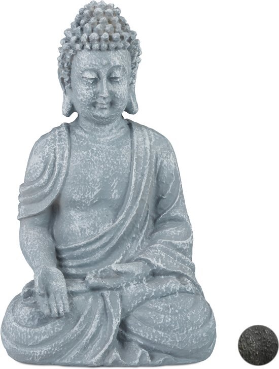 Relaxdays relaxdays boeddha beeld - 30 cm hoog - tuindecoratie - tuinbeeld - Boeddhabeeld - zittend Lichtgrijs
