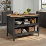 Inter Link Kookeiland Nellina | Ambachtelijk Eikenhouten Blad | 124 x 75 x 91,5 cm | Kleur: Antraciet