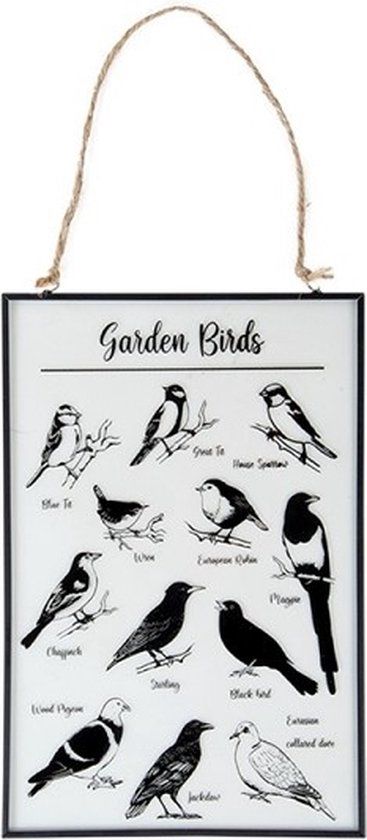 Esschert Design Glazen Prent Tuinvogels - 20 x 30 cm - Zwart-Wit