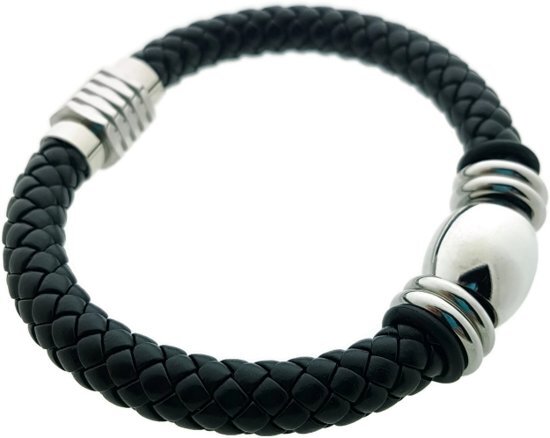 Aramat Jewels Gevlochten leren armband met stalen kralen - zwart - heren - 22 cm