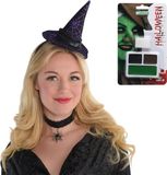 Ensemble de déguisement de sorcière sans marque - Mini chapeau sur serre-tête et kit de maquillage - Thème Carnaval/Halloween