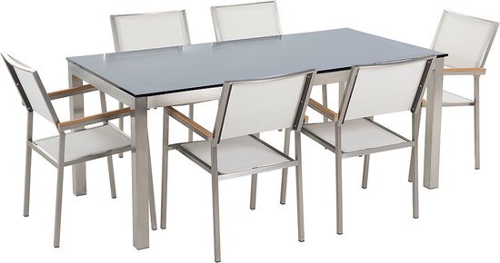 Beliani Tuinset glas/RVS zwart enkel tafelblad 180 x 90 cm met 6 stoelen wit GROSSETO