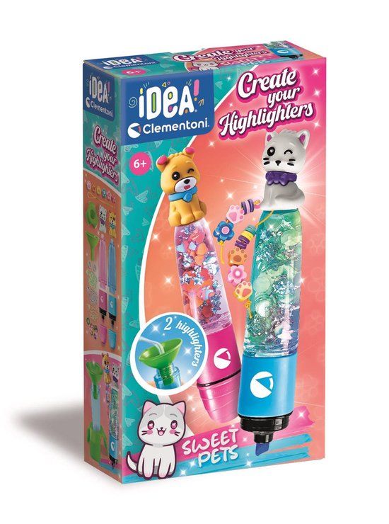 Clementoni Idea - Create Your Highlighters: Sweet Pets - laboratorium voor gepersonaliseerde markeerstiften, creatieve set voor kinderen vanaf 6 jaar, met 2 personaliseerbare markeerstiften met