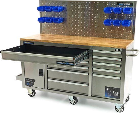 HBM Machines 158 cm 10 Laden Werkbank met Deur en Achterwand - RVS