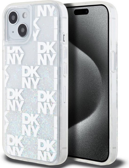 DKNY Liquid Glitter Checkered Pattern Back Case - Geschikt voor Apple iPhone 15 (6.1") - Wit