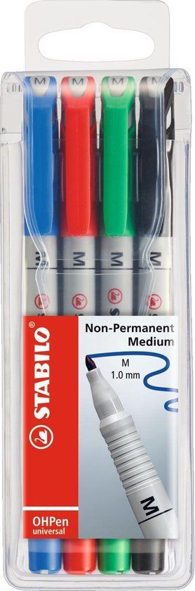 STABILO OHPen - Uitwisbare Marker - Universal M Punt 1,0 mm - Etui Met 4 Kleuren