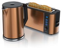 Arendo ontbijtset, 2-delig, keukenapparatuurset met waterkoker ELEGANT (1,5 liter), temperatuurinstelling van 40 tot 100 °C, en broodrooster FRUKOST voor 2 boterhammen met een broodjesaccessoire, koperkleurig