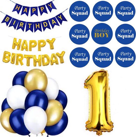 4thePerfectParty Happy Birthday Decoratie Set - 27-delig - Blauw & Goud - 1e Verjaardag