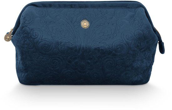 Pip Studio Cooper Make-up Tas Toilettas Blauw Fluweel/Polyester Beauty Case Dames 30x13,8x20,7cm