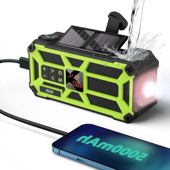 Waterdicht - Dynamo - Survival - Zonne-opladen - Swengel - FM-AM-radio - Lamp - Kompas - SOS-functies - Kamperen - Wandelen - Groen - 5000 mAh