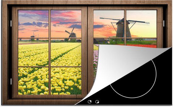 KitchenYeah® Inductie beschermer 81.6x52.7 cm - Doorkijk - Molen - Tulpen - Inductie kookplaat accessoire