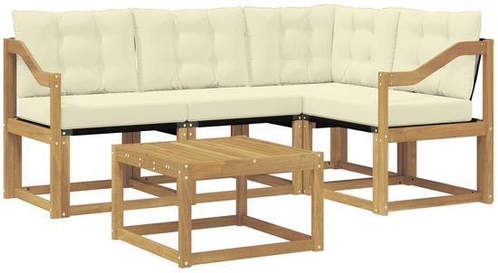 vidaXL Hoek loungeset 4 zitplaatsen Wit en crème Acacia hout Inclusief tafel