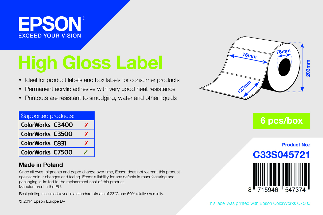 Epson High Gloss Label - Die-cut Roll: 76mm x 127mm, 960 labels