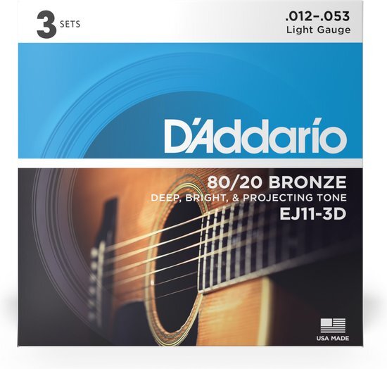 D'ADDARIO Gitaar Snaren - Akoestische Gitaar Snaren - 80/20 Bronze - Voor 6-snarige Gitaar - Diep, Helder, Projecting Tone - EJ11-3D - Licht, 12-53 - 3-Pack