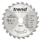 Trend Hout Cirkelzaagblad, 230Mm Diameter, 30Mm Asgat, 24 Tanden, 2.5Mm Snede, +15° Haak, Hardmetalen Punt (Tct), Grove Afwerking, Csb/23024