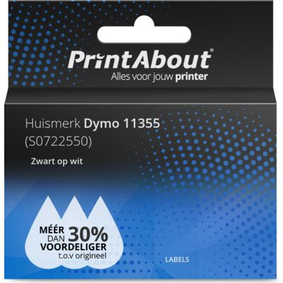 PrintAbout Huismerk Dymo 11355 (S0722550) Etiket Zwart op wit (19 mm x 51 mm)