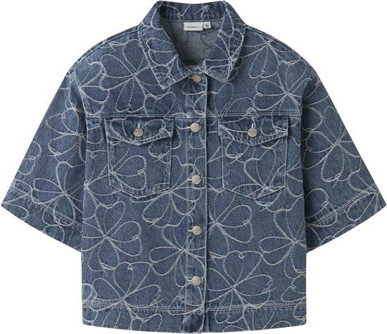 NAME IT NKFEVELYN 2/4 JACQ DNM SHIRT 2928-JQ D Meisjes Overhemd Korte Mouw Katoen Denim Jaquard Medium Blue Denim 140