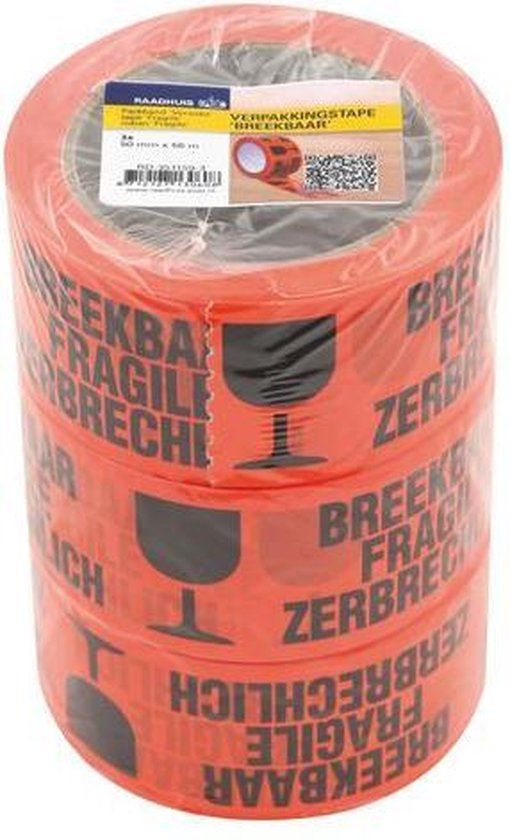 Raadhuis Verpakkingstape - 50mm x 66m - Oranje - Breekbaar - 3 Rollen