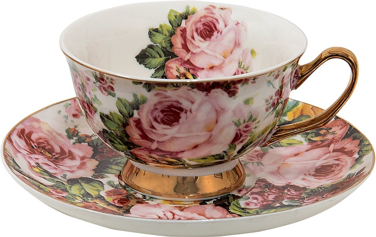 Clayre & Eef Kop en schotel 12*10*6 cm / Ø 15*2 cm / 250 ml Roze Porselein Bloemen Servies Cadeau voor haar Cappuccino