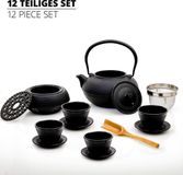 Lumaland theeset 12-delig | 1,4 liter gietijzeren theepot Tetsubin, gietijzeren theepotwarmer, 4 theekopjes & 4 onderzetters | bamboe maatschepje & roestvrij stalen zeefje