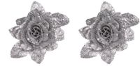 Cosy&Trendy Kerstboomversiering Bloemen - 2x - 10 cm - zilver glitter - op clip - ornament - roos