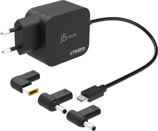 j5create 67W GaN PD USB-C-minioplader met 3 typen DC-connector - Zwart