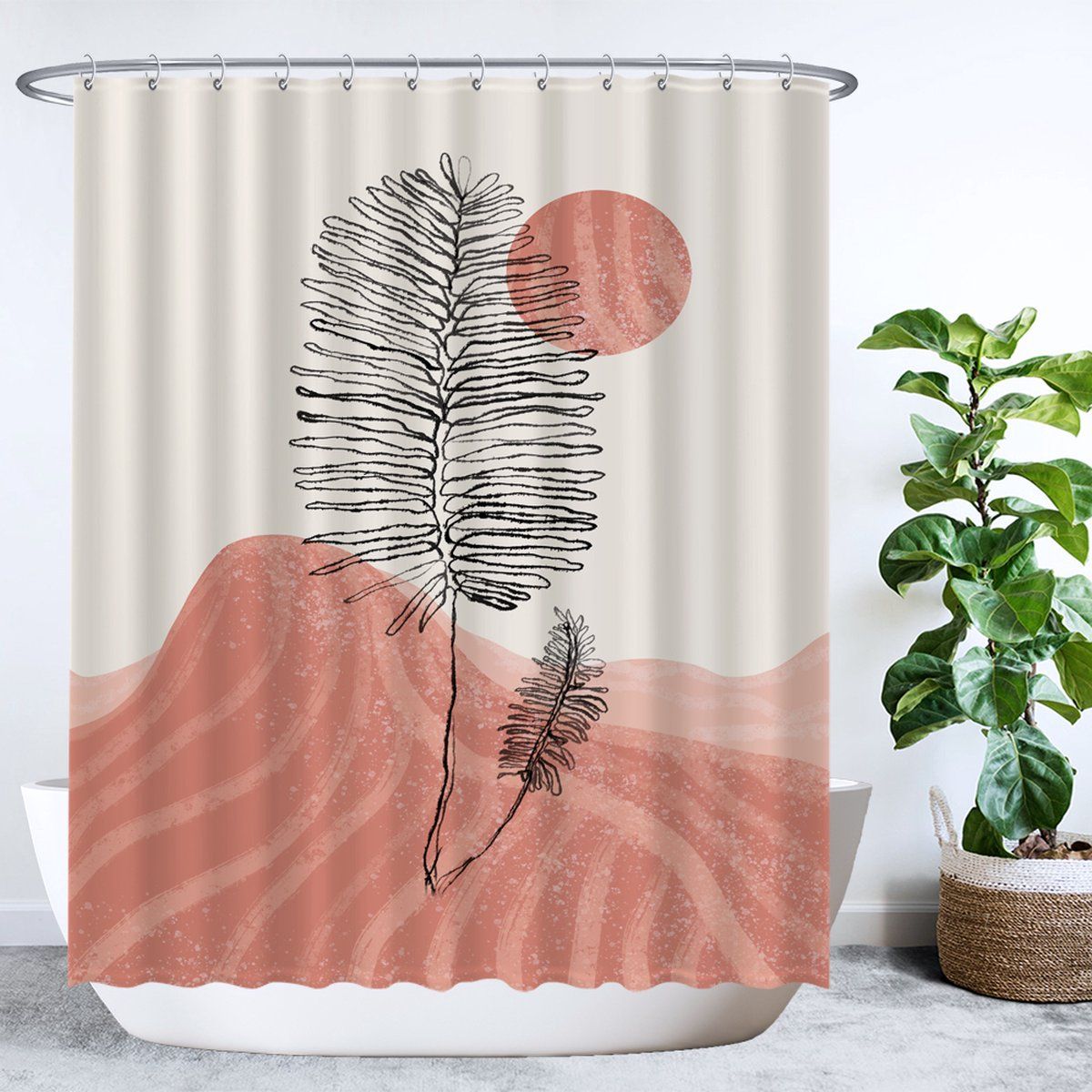 Ulticool Douchegordijn - Zon Roze Berg Plant Abstract Boho Bohemian - 180 x 200 cm - polyester - met 12 ringen