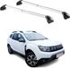 Omac Barres de toit transversales certifiées Tüv pour Dacia Duster Mk3 2024-2026 – Verrouillables (4 antivols) – Charge max 100 kg – Sangle inox + protection caoutchouc argent