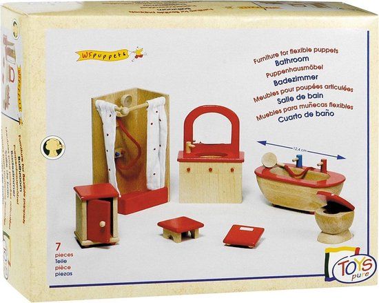 Goki Poppenhuis Meubeltjes Badkamer - 7-delig - Hout - Rood