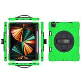 Hoesje iPad Pro 12,9 inch hoes 2022/2021/2020/2018 (6e/5e/4e/3e generatie) met potloodhouder, robuuste beschermhoes met 360 graden draaibare standaard en polsband, grasgroen