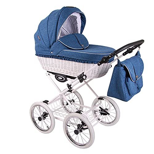 Lux4Kids Retro kinderwagen wilgenmand natuur linnen handgeweven 3-in-1 2-in-1 Isofix RetroLen Chic Blue RL35 3-in-1 met babyzitje