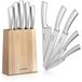 Arendo bloc à couteaux avec 5 couteaux en acier inoxydable, set de couteaux, comprenant : couteau de chef, couteau à découper, couteau à pain, couteau universel et couteau d'office. Bloc en bois avec pieds antidérapants, noir-argent