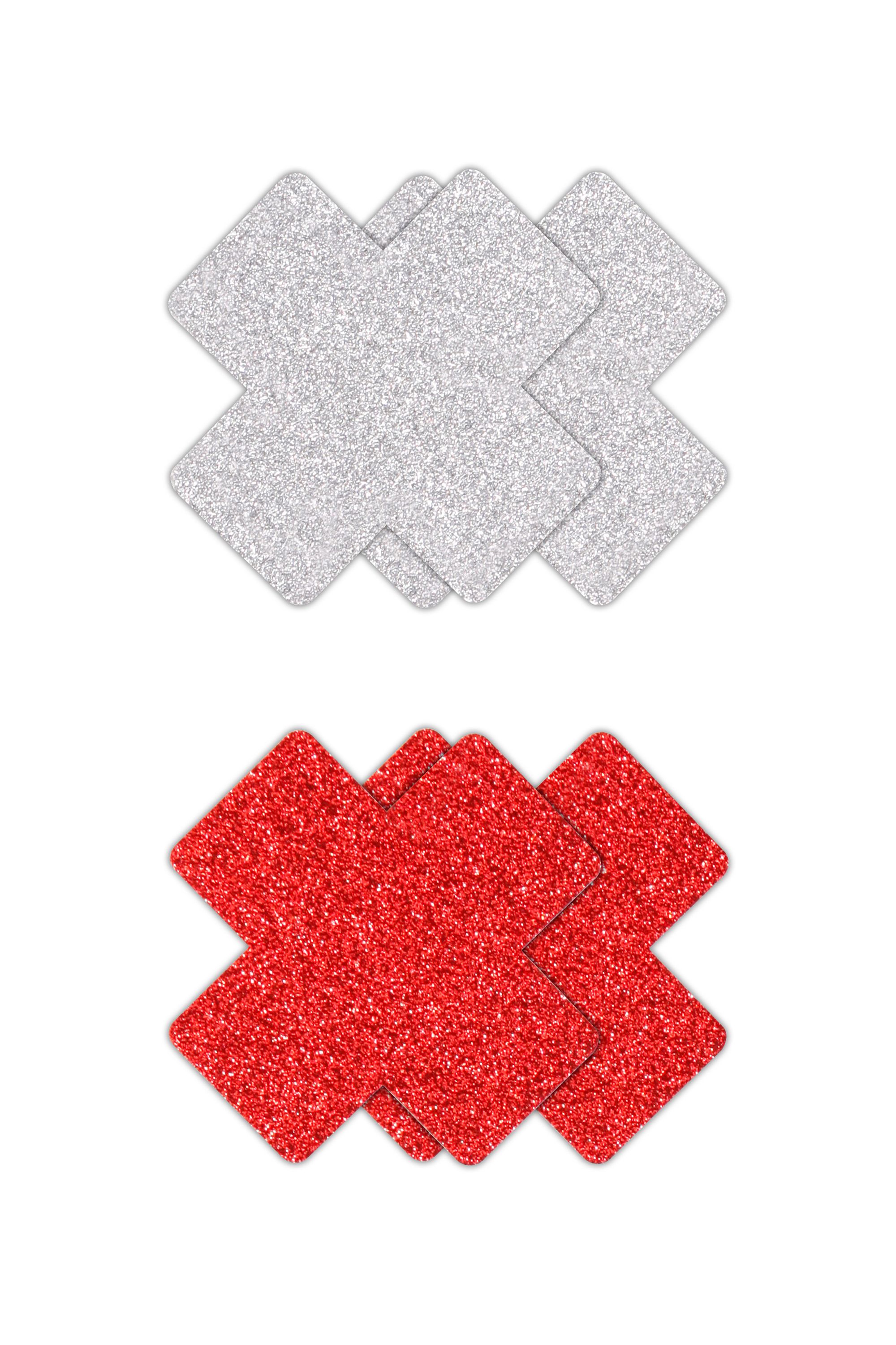 Pretty Pasties - Glitter Cross Nipple Covers - Red/Silver - 2 Pairs