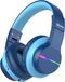 iClever Bluetooth-hoofdtelefoon voor kinderen, met gekleurde LED-verlichting. Over-ear hoofdtelefoon voor kinderen met een volumebeperking van 74/85 dBA, 85 uur speelduur, Bluetooth 5.2 en een ingebouwde microfoon. Kleur: blauw