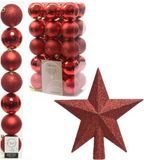 Decoris Kerstballen set kunststof rood - 34 stuks - 4-5-6-8 cm - mat en glans - met ster piek