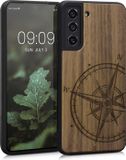 kwmobile telefoonhoesje geschikt voor Samsung Galaxy S21 FE - Houten Back Cover met Kompas design - Donkerbruin