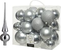 Kaemingk B.V. Kerstversiering boules de Noël en plastique argent 6-8-10 cm paquet de 27x pièces - Avec étoile de sapin brillante en verre de 26 cm