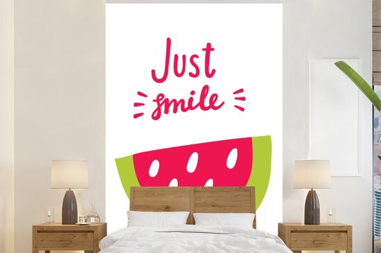 Nr1Wallpaper Behang - Fotobehang Illustratie met de quote Just smile en een stuk watermeloen - Breedte 200 cm x hoogte 300 cm