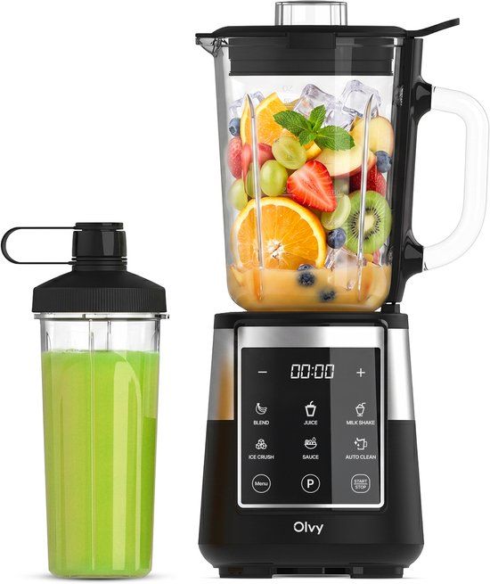 Olvy Blender Smoothie Maker 1500ml Verre To-Go Minuterie LED 6 Lames-Black