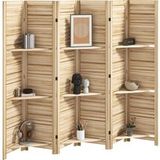 Paravent intérieur en bois 4 panneaux 160 x 170 cm, séparateur de pièce pliable 3 étagères, bois naturel effet brûlé