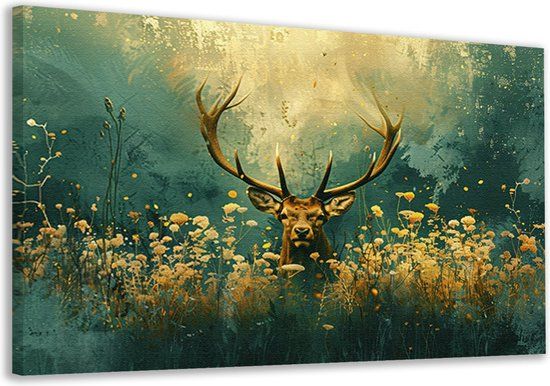 Merkloos / Sans marque Hert schilderij - Canvas - 60x40 cm - Dieren - Bloemen - Landelijk - Groen/Geel/Bruin/Blauw/Goud