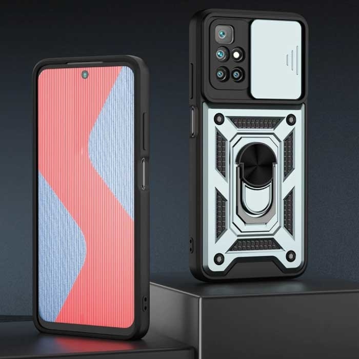 Keysion Keysion Xiaomi Poco F3 - Armor Hoesje met Kickstand en Camera Bescherming - Pop Grip Cover Case Groen