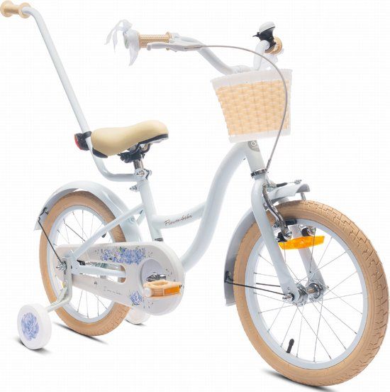 Sun Baby Flower Bike Fiets voor een meisje van 4 tot 6 jaar, 16 inch Baby blue, met fietsbel, zijwieltjes, duwstang en stuurmandje
