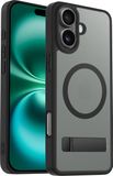 Coverzs Luxe Magnetische Matte Siliconen Hoesje met Standaard Geschikt voor iPhone 16 – Zwart, Slank en Schokbestendig