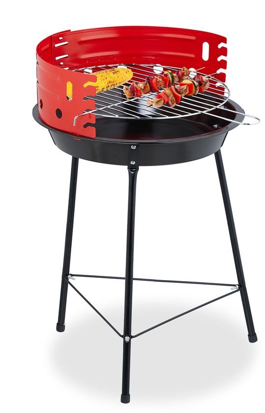 Relaxdays Houtskoolbarbecue Driepoot - Ø 30 cm - Verstelbaar Rooster - Windvanger - Staal - Zwart/Rood